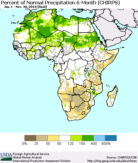 Africa Percent of Normal Precipitation 6-Month (CHIRPS) Thematic Map For 6/1/2018 - 11/30/2018