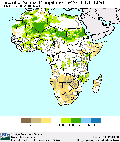 Africa Percent of Normal Precipitation 6-Month (CHIRPS) Thematic Map For 7/1/2018 - 12/31/2018