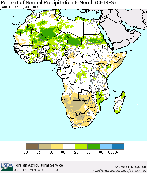 Africa Percent of Normal Precipitation 6-Month (CHIRPS) Thematic Map For 8/1/2018 - 1/31/2019