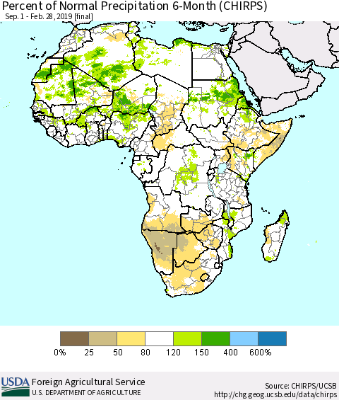 Africa Percent of Normal Precipitation 6-Month (CHIRPS) Thematic Map For 9/1/2018 - 2/28/2019