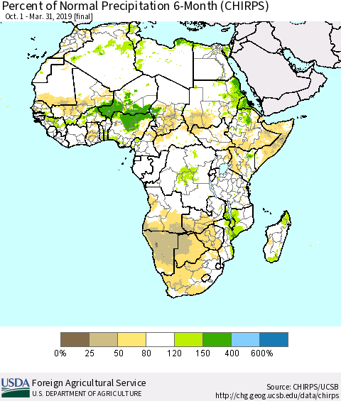 Africa Percent of Normal Precipitation 6-Month (CHIRPS) Thematic Map For 10/1/2018 - 3/31/2019