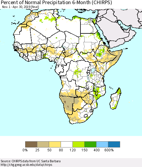 Africa Percent of Normal Precipitation 6-Month (CHIRPS) Thematic Map For 11/1/2018 - 4/30/2019