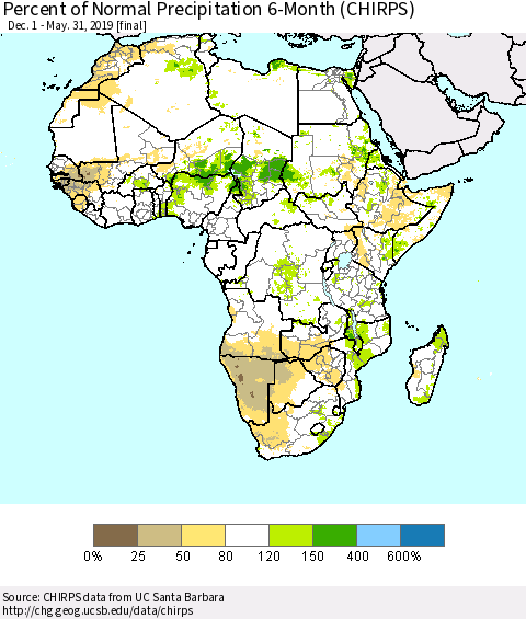 Africa Percent of Normal Precipitation 6-Month (CHIRPS) Thematic Map For 12/1/2018 - 5/31/2019