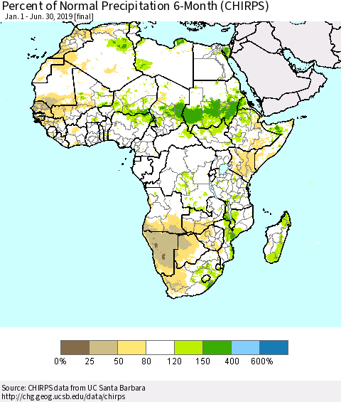 Africa Percent of Normal Precipitation 6-Month (CHIRPS) Thematic Map For 1/1/2019 - 6/30/2019