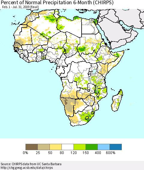 Africa Percent of Normal Precipitation 6-Month (CHIRPS) Thematic Map For 2/1/2019 - 7/31/2019