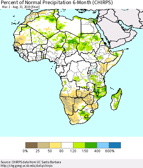 Africa Percent of Normal Precipitation 6-Month (CHIRPS) Thematic Map For 3/1/2019 - 8/31/2019