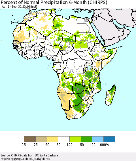 Africa Percent of Normal Precipitation 6-Month (CHIRPS) Thematic Map For 4/1/2019 - 9/30/2019