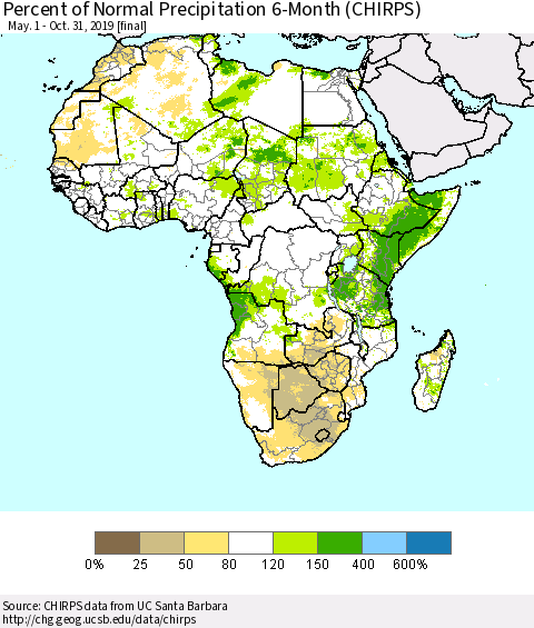 Africa Percent of Normal Precipitation 6-Month (CHIRPS) Thematic Map For 5/1/2019 - 10/31/2019