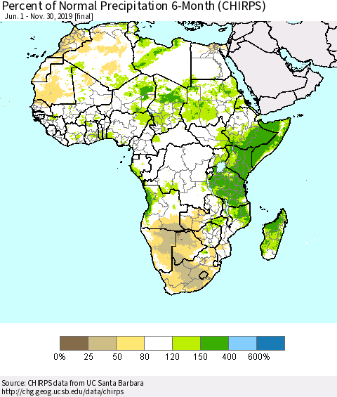 Africa Percent of Normal Precipitation 6-Month (CHIRPS) Thematic Map For 6/1/2019 - 11/30/2019