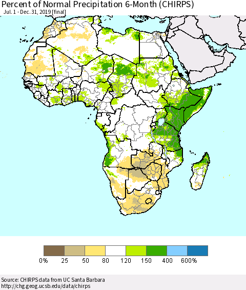 Africa Percent of Normal Precipitation 6-Month (CHIRPS) Thematic Map For 7/1/2019 - 12/31/2019