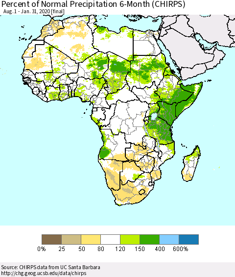 Africa Percent of Normal Precipitation 6-Month (CHIRPS) Thematic Map For 8/1/2019 - 1/31/2020