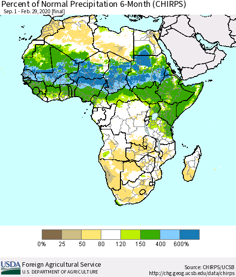 Africa Percent of Normal Precipitation 6-Month (CHIRPS) Thematic Map For 9/1/2019 - 2/29/2020