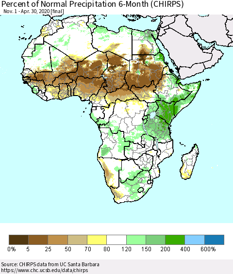 Africa Percent of Normal Precipitation 6-Month (CHIRPS) Thematic Map For 11/1/2019 - 4/30/2020