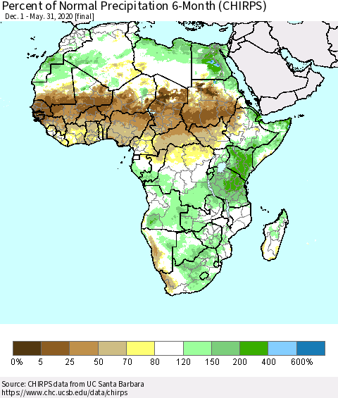 Africa Percent of Normal Precipitation 6-Month (CHIRPS) Thematic Map For 12/1/2019 - 5/31/2020