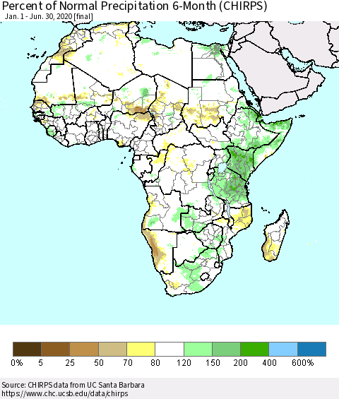 Africa Percent of Normal Precipitation 6-Month (CHIRPS) Thematic Map For 1/1/2020 - 6/30/2020