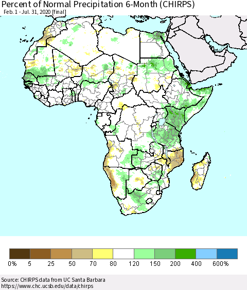 Africa Percent of Normal Precipitation 6-Month (CHIRPS) Thematic Map For 2/1/2020 - 7/31/2020