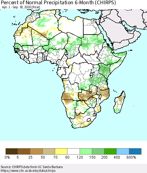 Africa Percent of Normal Precipitation 6-Month (CHIRPS) Thematic Map For 4/1/2020 - 9/30/2020