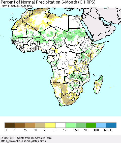 Africa Percent of Normal Precipitation 6-Month (CHIRPS) Thematic Map For 5/1/2020 - 10/31/2020