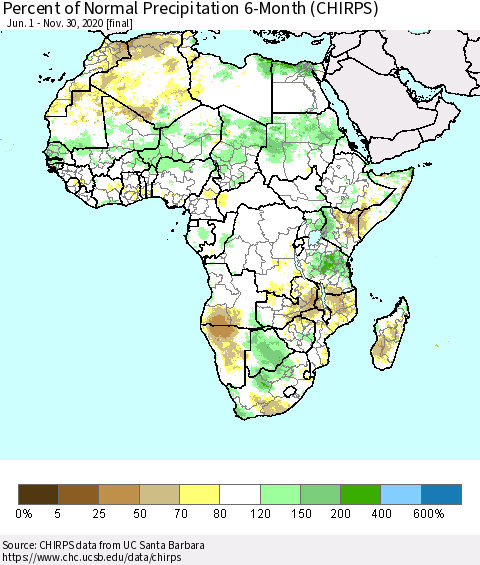 Africa Percent of Normal Precipitation 6-Month (CHIRPS) Thematic Map For 6/1/2020 - 11/30/2020