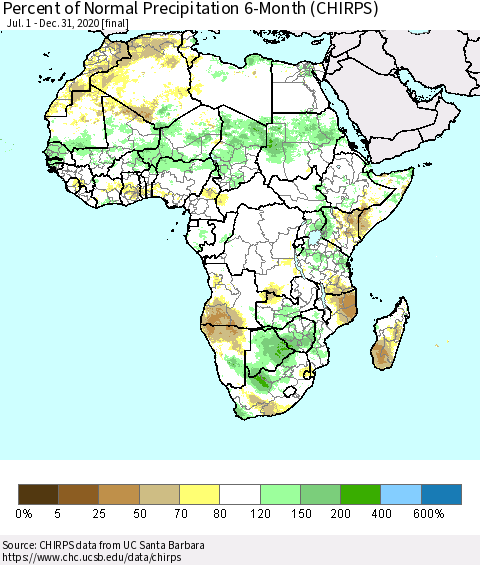 Africa Percent of Normal Precipitation 6-Month (CHIRPS) Thematic Map For 7/1/2020 - 12/31/2020