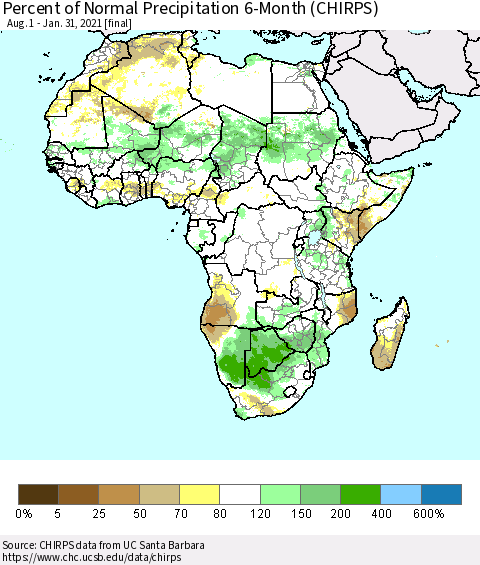 Africa Percent of Normal Precipitation 6-Month (CHIRPS) Thematic Map For 8/1/2020 - 1/31/2021