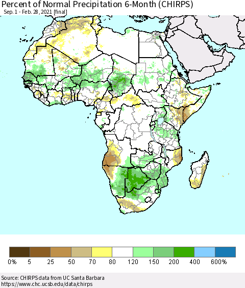 Africa Percent of Normal Precipitation 6-Month (CHIRPS) Thematic Map For 9/1/2020 - 2/28/2021
