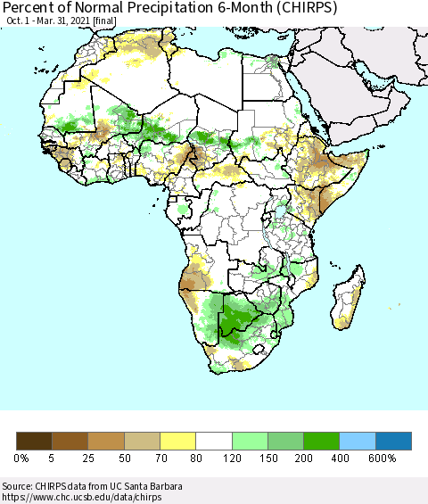 Africa Percent of Normal Precipitation 6-Month (CHIRPS) Thematic Map For 10/1/2020 - 3/31/2021
