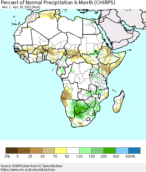 Africa Percent of Normal Precipitation 6-Month (CHIRPS) Thematic Map For 11/1/2020 - 4/30/2021