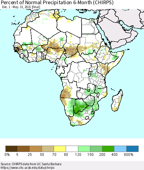 Africa Percent of Normal Precipitation 6-Month (CHIRPS) Thematic Map For 12/1/2020 - 5/31/2021