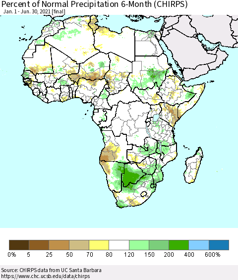 Africa Percent of Normal Precipitation 6-Month (CHIRPS) Thematic Map For 1/1/2021 - 6/30/2021