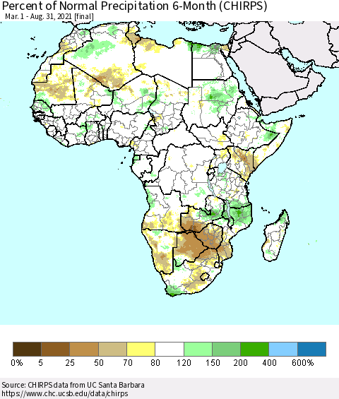 Africa Percent of Normal Precipitation 6-Month (CHIRPS) Thematic Map For 3/1/2021 - 8/31/2021