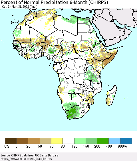 Africa Percent of Normal Precipitation 6-Month (CHIRPS) Thematic Map For 10/1/2021 - 3/31/2022