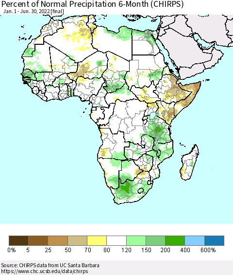 Africa Percent of Normal Precipitation 6-Month (CHIRPS) Thematic Map For 1/1/2022 - 6/30/2022