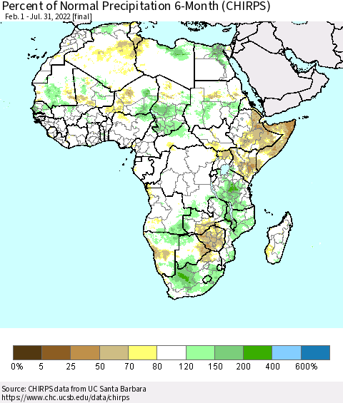 Africa Percent of Normal Precipitation 6-Month (CHIRPS) Thematic Map For 2/1/2022 - 7/31/2022