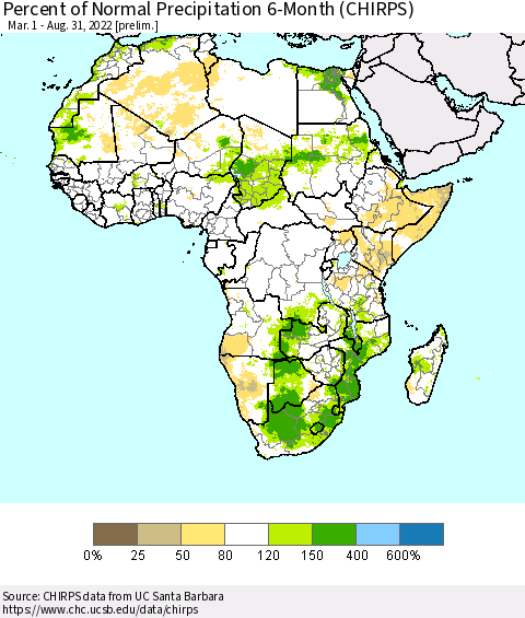 Africa Percent of Normal Precipitation 6-Month (CHIRPS) Thematic Map For 3/1/2022 - 8/31/2022