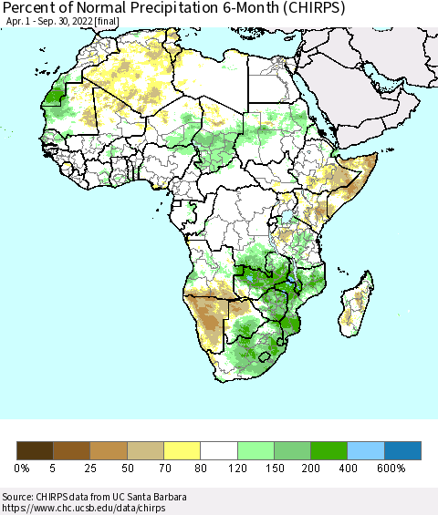 Africa Percent of Normal Precipitation 6-Month (CHIRPS) Thematic Map For 4/1/2022 - 9/30/2022