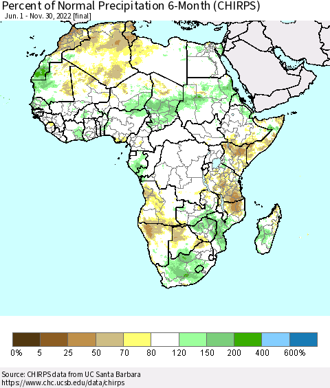 Africa Percent of Normal Precipitation 6-Month (CHIRPS) Thematic Map For 6/1/2022 - 11/30/2022