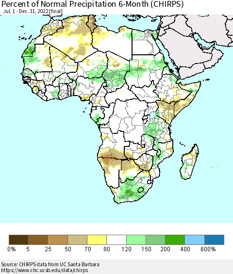 Africa Percent of Normal Precipitation 6-Month (CHIRPS) Thematic Map For 7/1/2022 - 12/31/2022