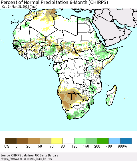 Africa Percent of Normal Precipitation 6-Month (CHIRPS) Thematic Map For 10/1/2022 - 3/31/2023