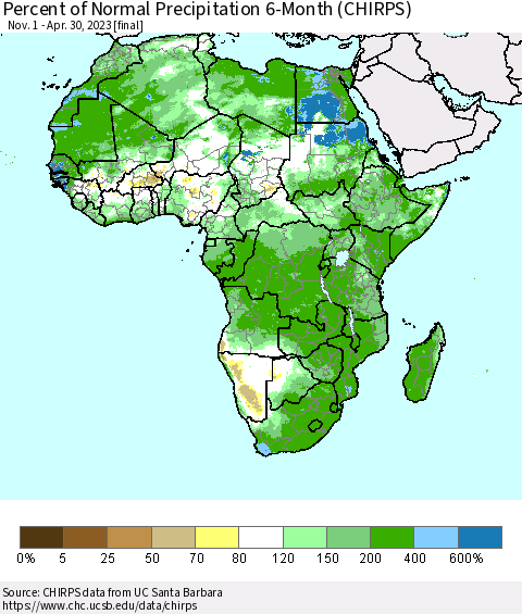 Africa Percent of Normal Precipitation 6-Month (CHIRPS) Thematic Map For 11/1/2022 - 4/30/2023