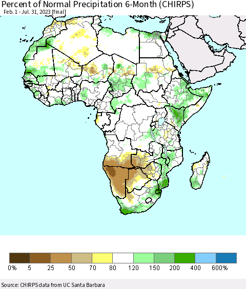 Africa Percent of Normal Precipitation 6-Month (CHIRPS) Thematic Map For 2/1/2023 - 7/31/2023