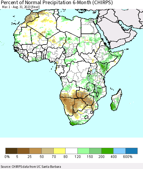 Africa Percent of Normal Precipitation 6-Month (CHIRPS) Thematic Map For 3/1/2023 - 8/31/2023
