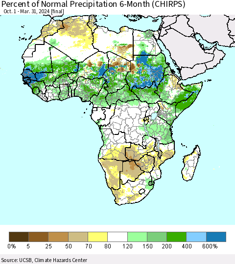 Africa Percent of Normal Precipitation 6-Month (CHIRPS) Thematic Map For 10/1/2023 - 3/31/2024