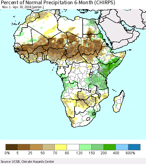 Africa Percent of Normal Precipitation 6-Month (CHIRPS) Thematic Map For 11/1/2023 - 4/30/2024