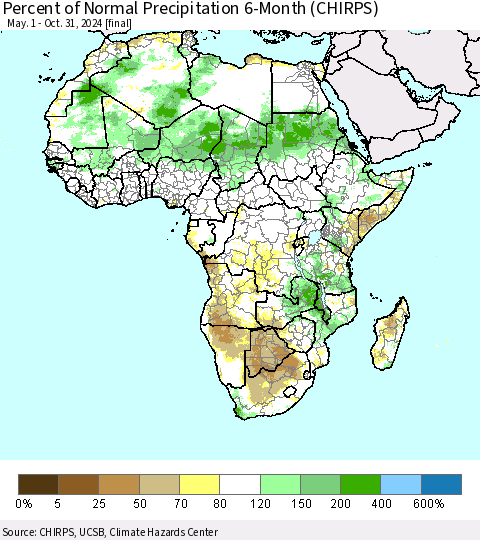 Africa Percent of Normal Precipitation 6-Month (CHIRPS) Thematic Map For 5/1/2024 - 10/31/2024