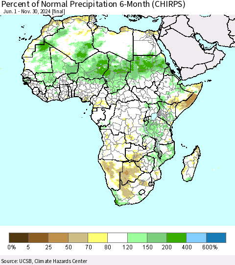 Africa Percent of Normal Precipitation 6-Month (CHIRPS) Thematic Map For 6/1/2024 - 11/30/2024