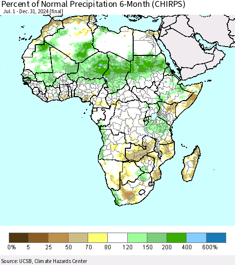 Africa Percent of Normal Precipitation 6-Month (CHIRPS) Thematic Map For 7/1/2024 - 12/31/2024