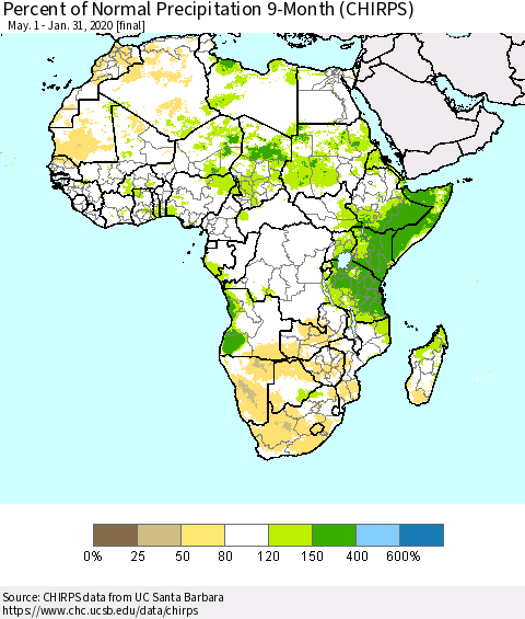 Africa Percent of Normal Precipitation 9-Month (CHIRPS) Thematic Map For 5/1/2019 - 1/31/2020