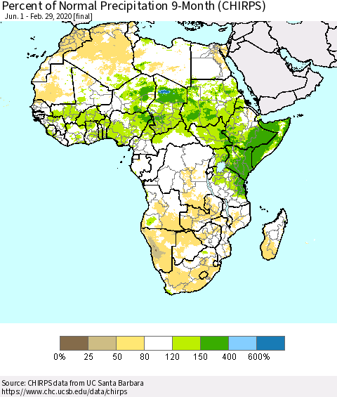 Africa Percent of Normal Precipitation 9-Month (CHIRPS) Thematic Map For 6/1/2019 - 2/29/2020
