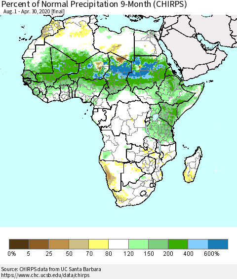 Africa Percent of Normal Precipitation 9-Month (CHIRPS) Thematic Map For 8/1/2019 - 4/30/2020